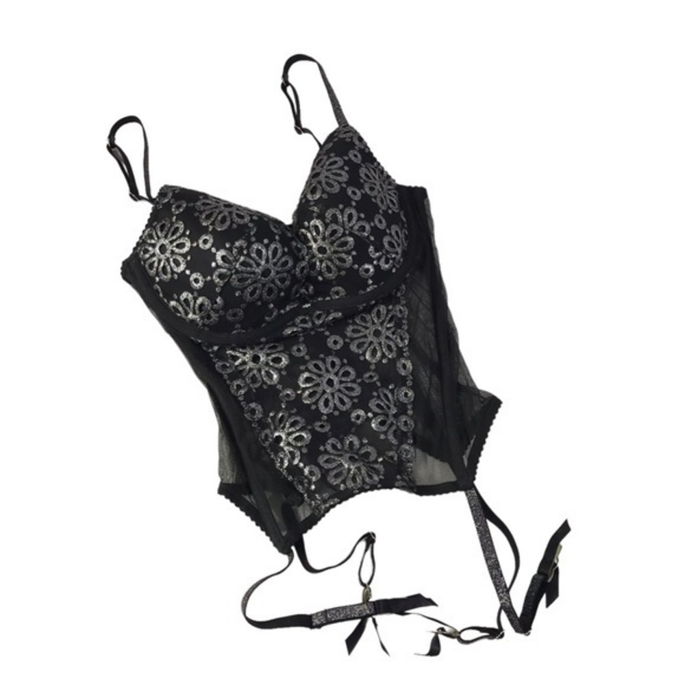 Victoria Secret sexy lingerie lace sheer black silver size 34C pads